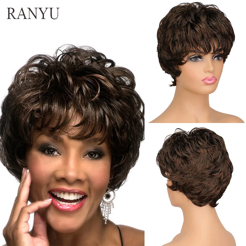 

RANYU Synthetic Short Natural Wavy Wig Short Pixie Women Ombre Brown Wig for Daily Party Heat Resistant