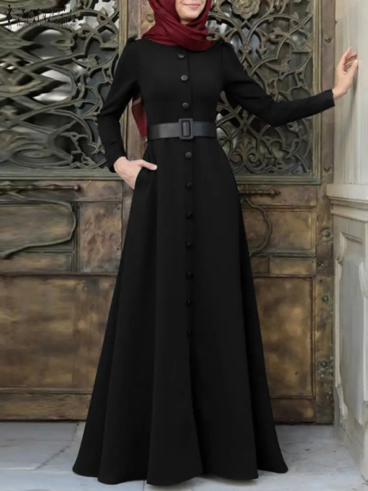 Vestidos de Férias Vestido o Pescoço Vestido de Verão Strylish Casual Oversized Zanzea Primavera Muçulmano Feminino Sólido Longo Mangas Compridas Islâmico Abayas