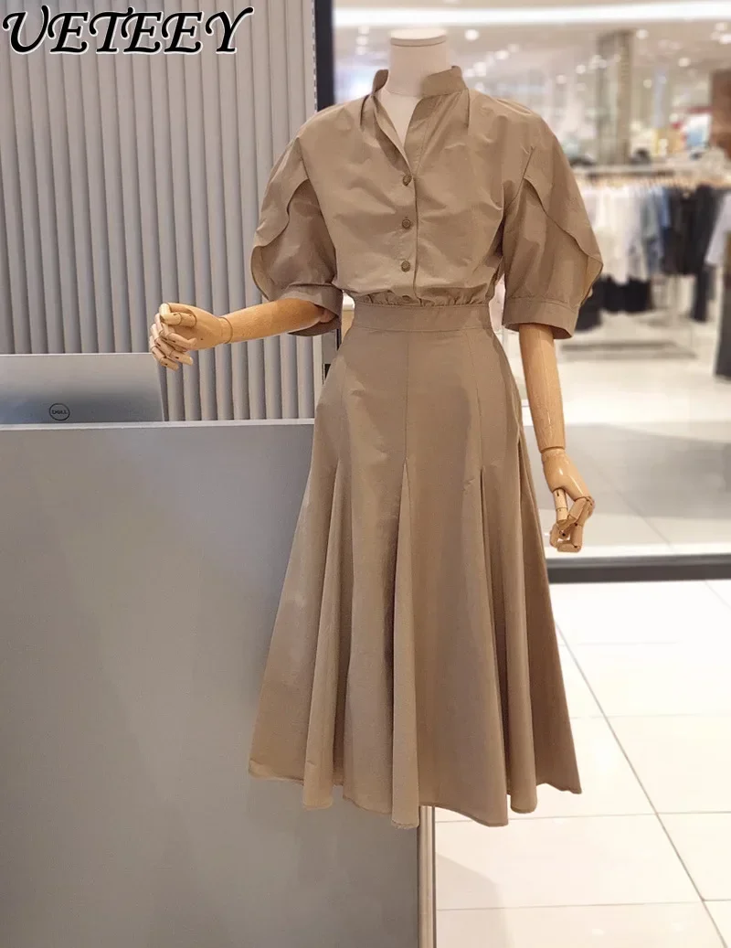 Модное дизайнерское платье с воротником-стойкой и рюшами на рукавах Новинка лета