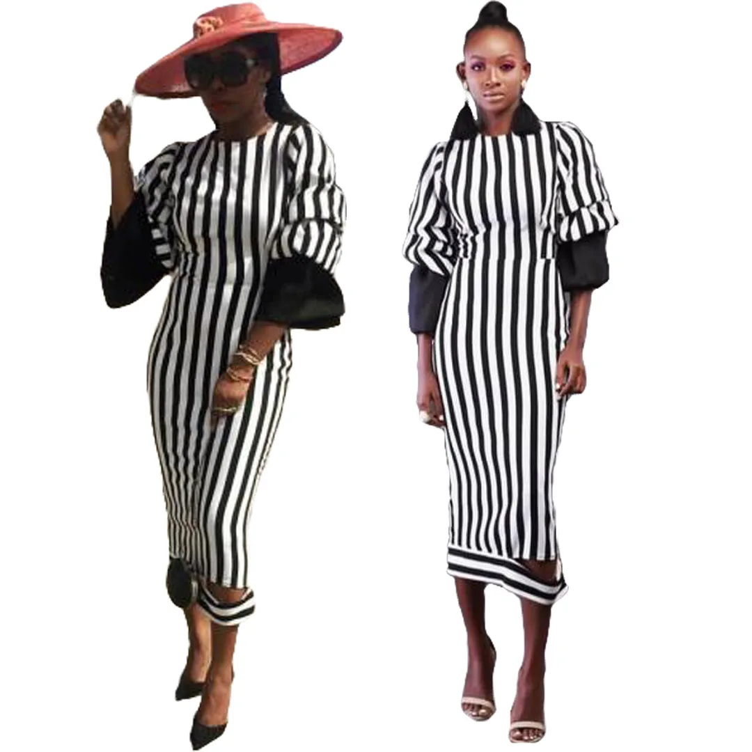 

24D5103 Spring and Winter Women Casual Fashion Elegant Striped Print Puff Sleeves Dress Vestidos Hot
