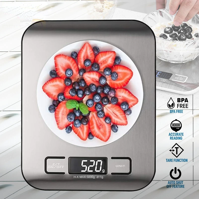 

Digital Kitchen Scale 5kg/10kg Food Multi-Function 304 Stainless Steel Balance LCD Display Measuring Grams Ounces Cooking Baking