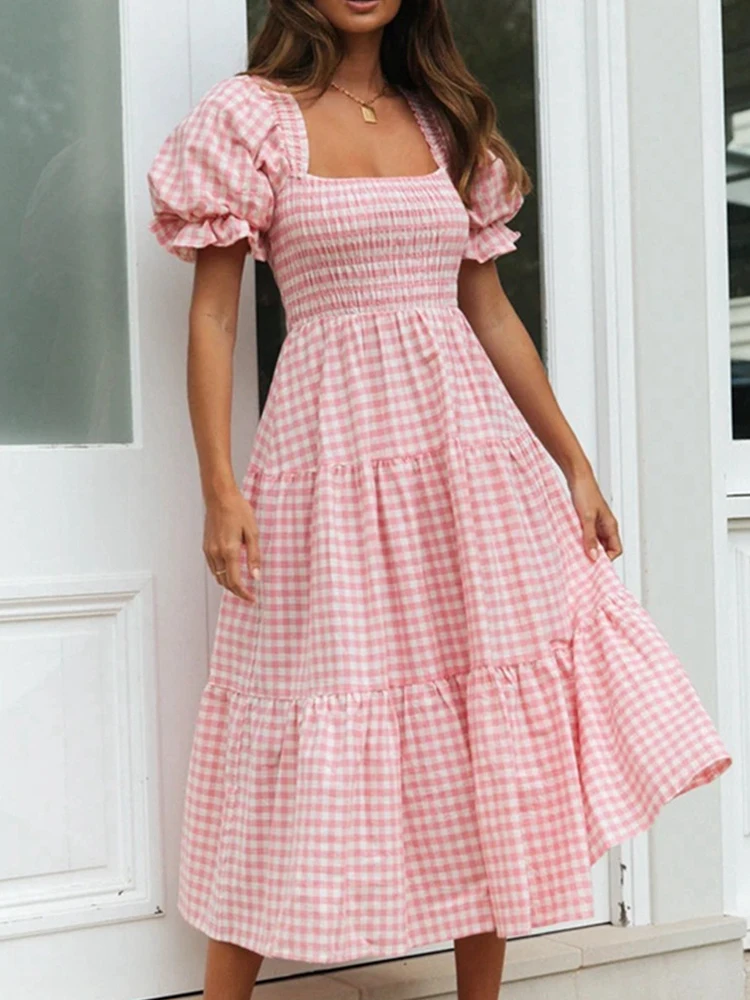 

Spring New Women Plaid Printed Pleated A-Line Dress Elegant Square Collar Long Dress Casual Loose Puff Sleeve Waist Summer Dress