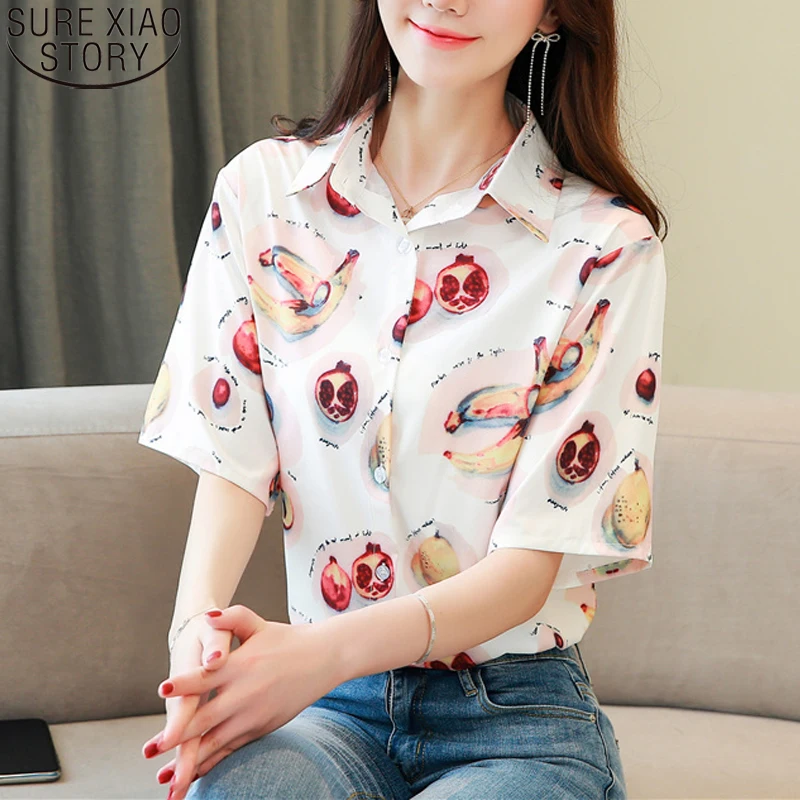 

Fruit Printed Short Sleeved Shirt Women's Summer Hong Kong Style Casual Loose Blouses Blusas Mujer De Moda 2021 Tops 10073