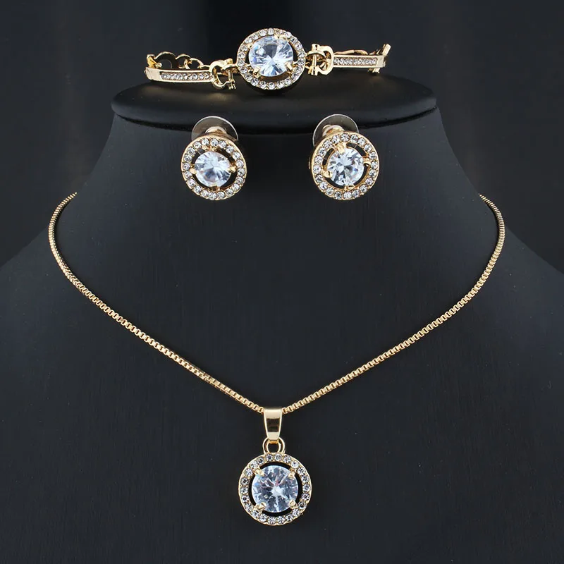 

Women's White Crystal 3-Piece Jewelry Set Charm Gold Silver Double Headed Earrings Ring Bracelet Wedding Necklace Wholesale