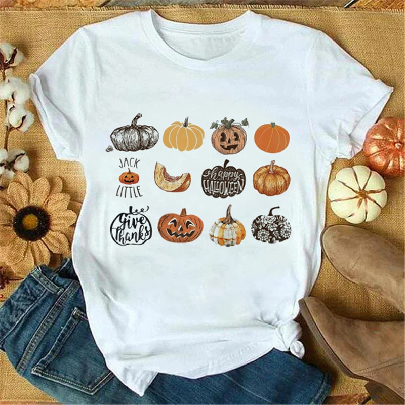 

Women Tshirt Pumpkin 90s Cute 2021 New Cute Fall Halloween Graphic Tee Top Cartoon Autumn Thanksgiving Female Print T-shirt