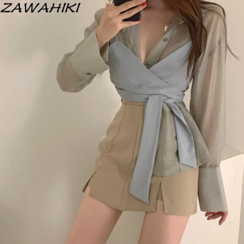 

ZAWAHIKI Women's Suit Niche Retro Slim Waist Wrapped Chest Solid Color Western Style Long Sleeve Shirt High Waiste A-line Skirt