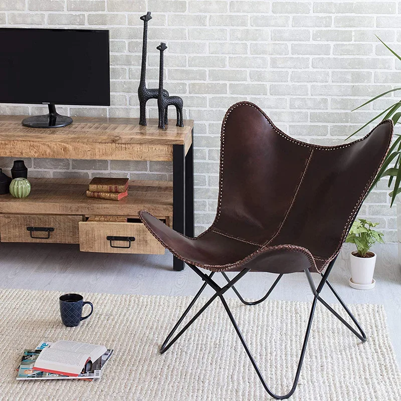 

Butterfly Chair with Foldable Stand Multifunctional Furniture Single Chair Vintage Leather Cover