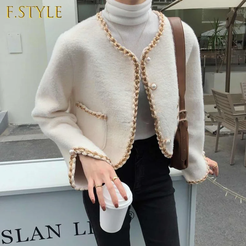 2021Autumn Winter New Bright Silk Edging Elegant Vintage Pearl Button Knitted Coat Long Sleeve Top  Loose Cardigan Manteau Femme