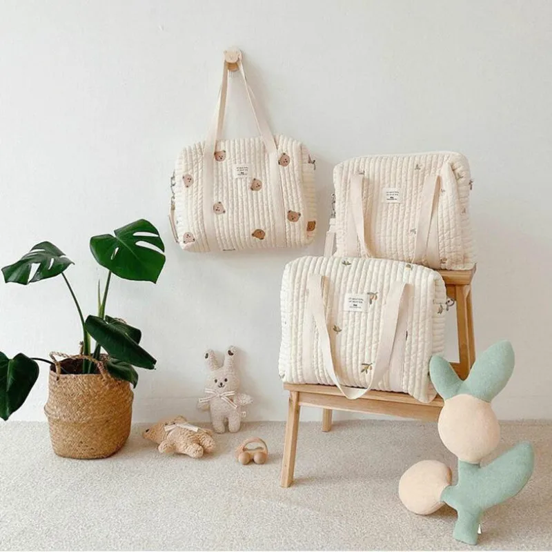 

Korea Style Newborn Baby Care Diaper Bag Mummy Shoulder Bag Embroidery Quilted Stroller Diaper Storage Organizer Large Handbags