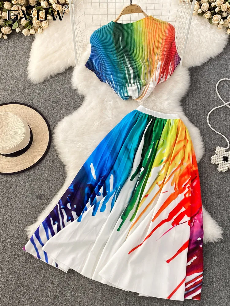 

GVUW Gradient Color Casual Women Two-piece Set Pleated Short Sleeve Contrast Color High Waist Skirt Sets Spring Summer 2023 New