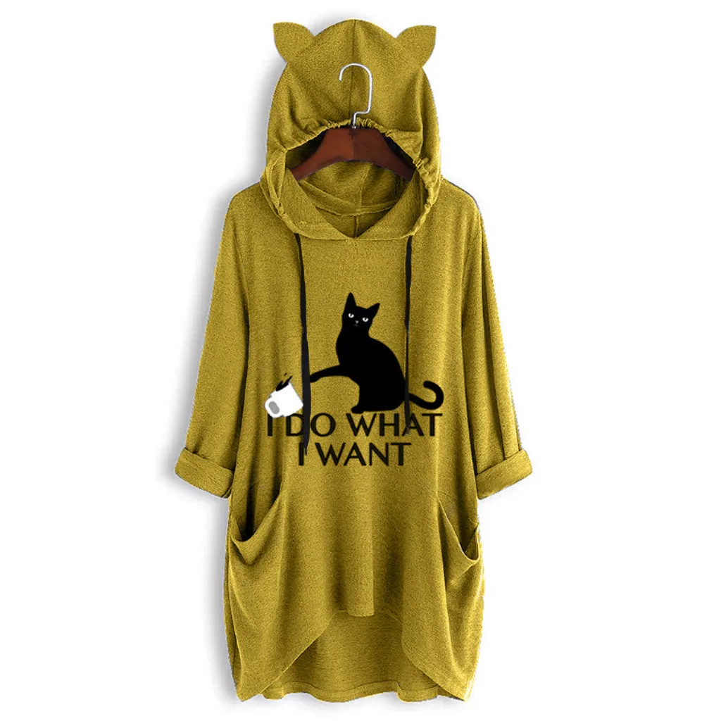 

Women Casual Print Cat Ear Hooded Long Sleeves Pocket Irregular Top Blouse Shirt