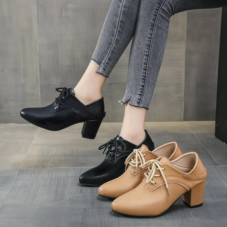 

Women's High Heels Breathable Low Top Pointed Toe Vintage Khaki Black Small Leather Shoes Plus Size 35-44 New 2022