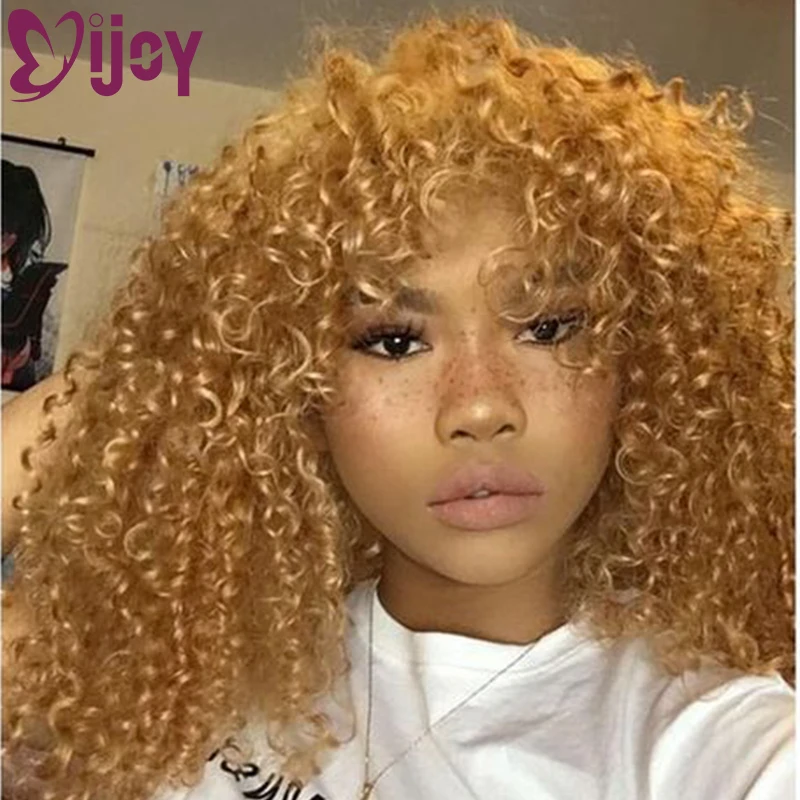 IJOY Kinky Curly Wig Honey Blonde Brazilian Human Hair Wigs With Bangs For Black Women Full Machine Made Wig Non-Remy Curly Wigs