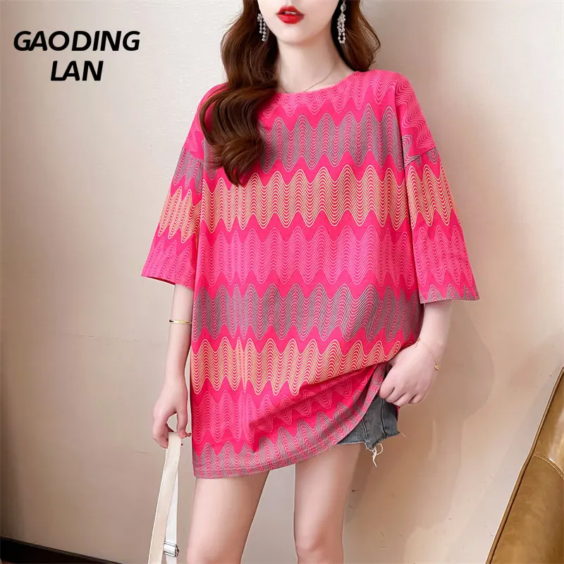 

Женская футболка с коротким рукавом Gaodinglan, свободные длинные топы больших размеров в стиле панк с круглым вырезом и волнистым принтом, летние футболки