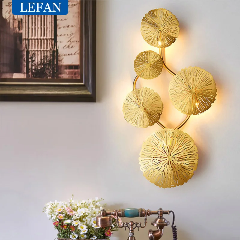 Copper Lustre Gold Lotus Leaf Wall Living Room Lamp Vintage Retro Bedside Art Decoration Home Lighting Wall Sconces