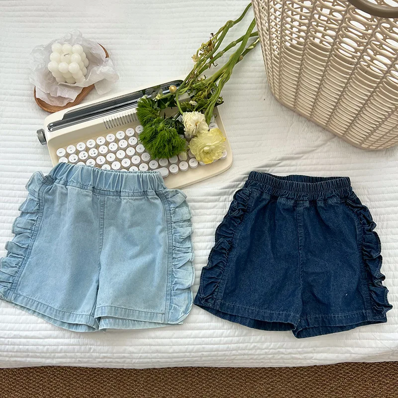 

Korean Childre's Pants Girls Denim Shorts 2023 Summer New Baby Girls Soft Cotton Denim Ruffle Edge Shorts Jeans
