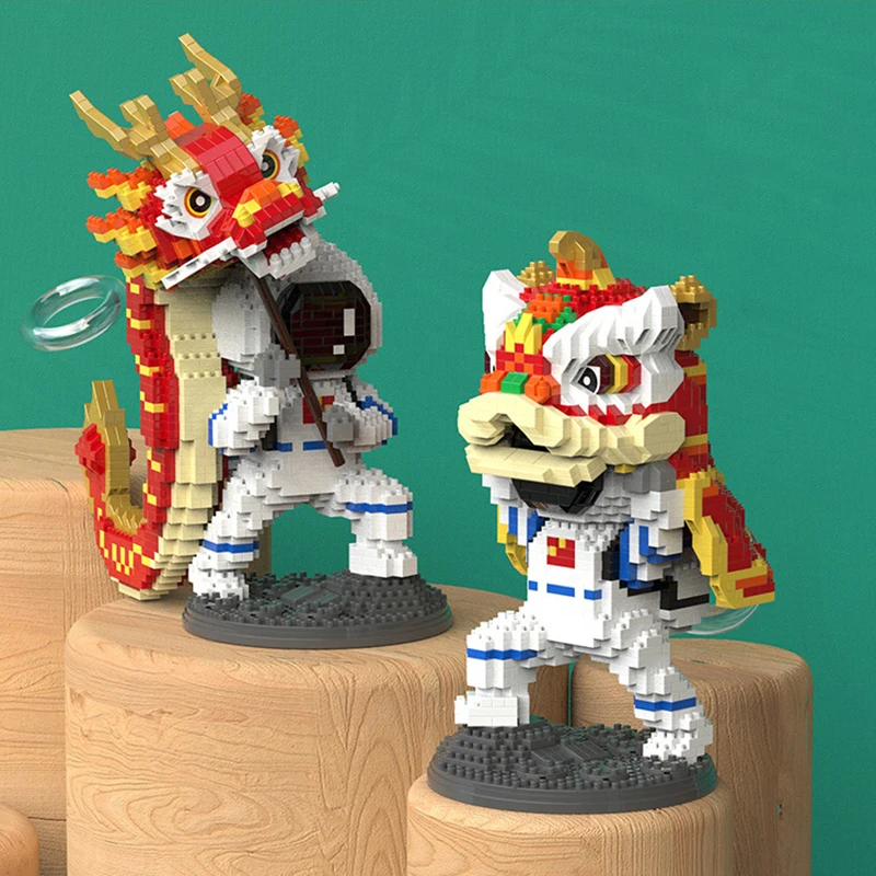 Lion Dance Astronaut Micro Building Blocks Chinses Culture Dragon Dance Cosmonaut Spaceman Mini Brick Figures Toys For Kid Gift