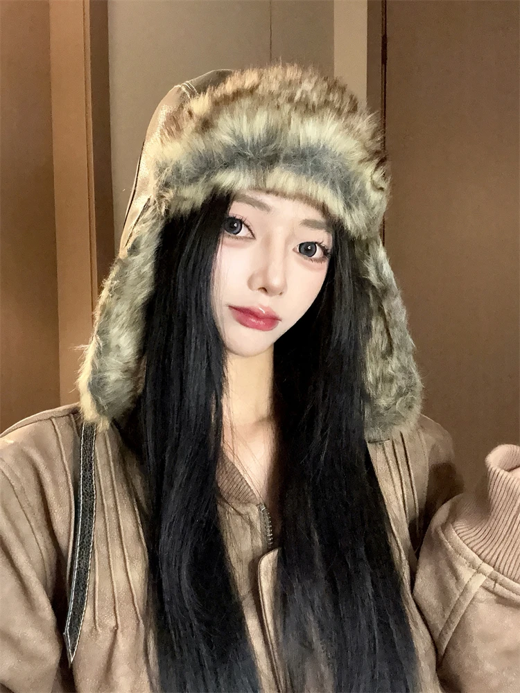 Ретро шапка Lei Feng женская зимняя теплая с наушниками утолщенный плюшевый капот