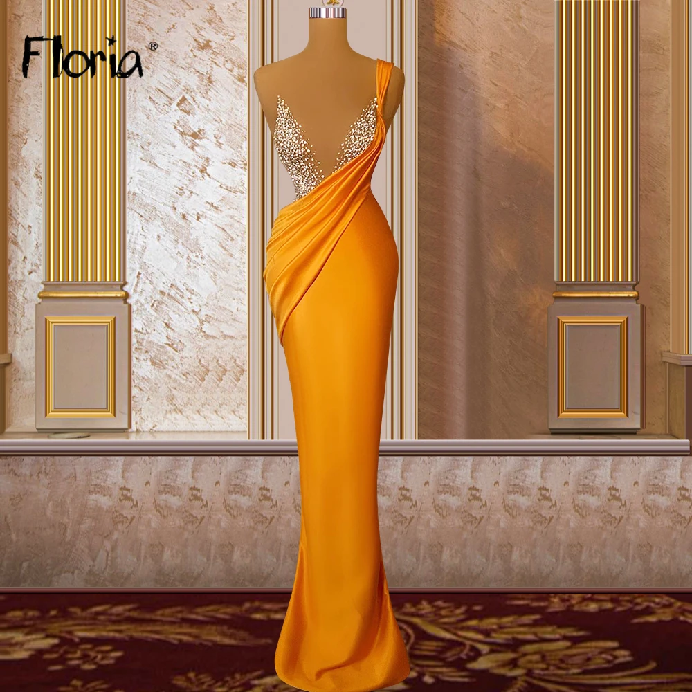 

Floria Orange One Shoulder Sleeve Evening Dress for Women Pearls Long Pleated Cocktail Party Gowns Custom Made Graduation Dresse