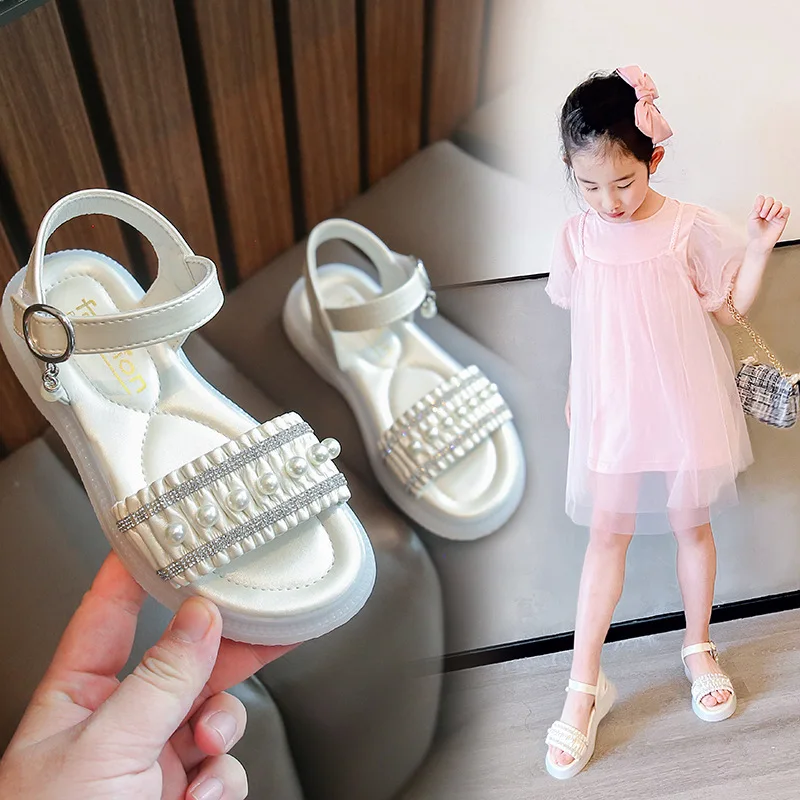 26-36 Summer Girls Pink Sandals Soft Sole Baby Pearl Princess Shoes for Kids Girls Beach Shoes Open Toe Sandals for Girls tenis