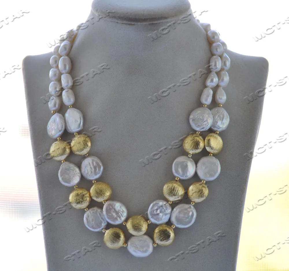 

MCT·STAR Z12296 2row 18" 16mm White Baroque Coin Pearl Gold-plating Coin Necklace