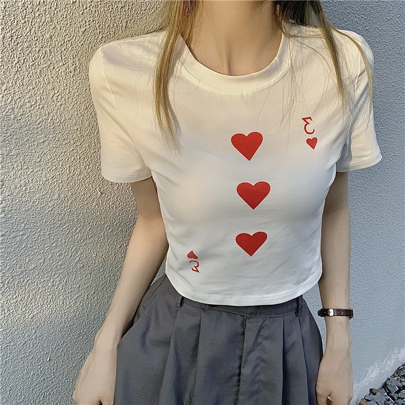 

Y2K Summer White Tshirts Women Sexy Hot Poker Print Camisetas Grunge Short Sleeve O-Neck Crop Tops Tees High Waist Slim Hip Hop