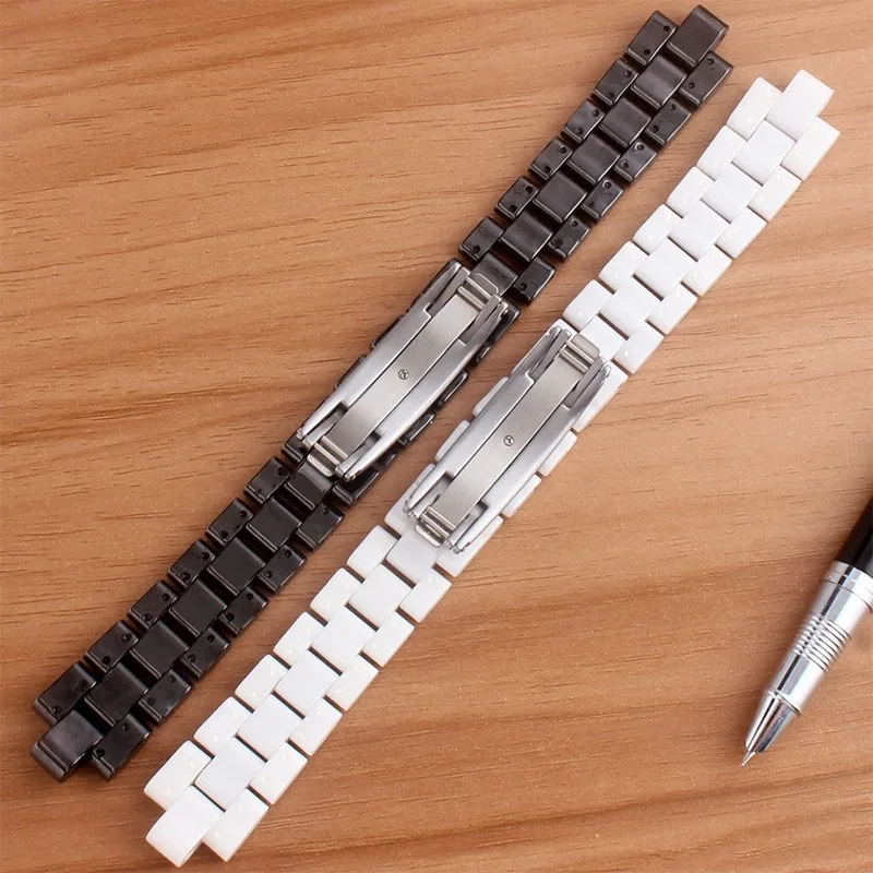 Convex Watchband Ceramic Black White Watch For J12 Bracelet Bands 16mm 19mm Strap Special Solid Links Folding Buckle