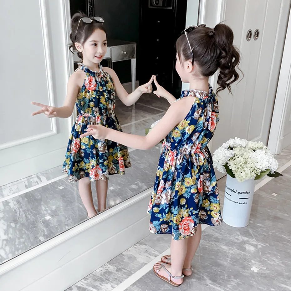 Летнее платье для девочек с цветочным принтом детское без рукавов одежда