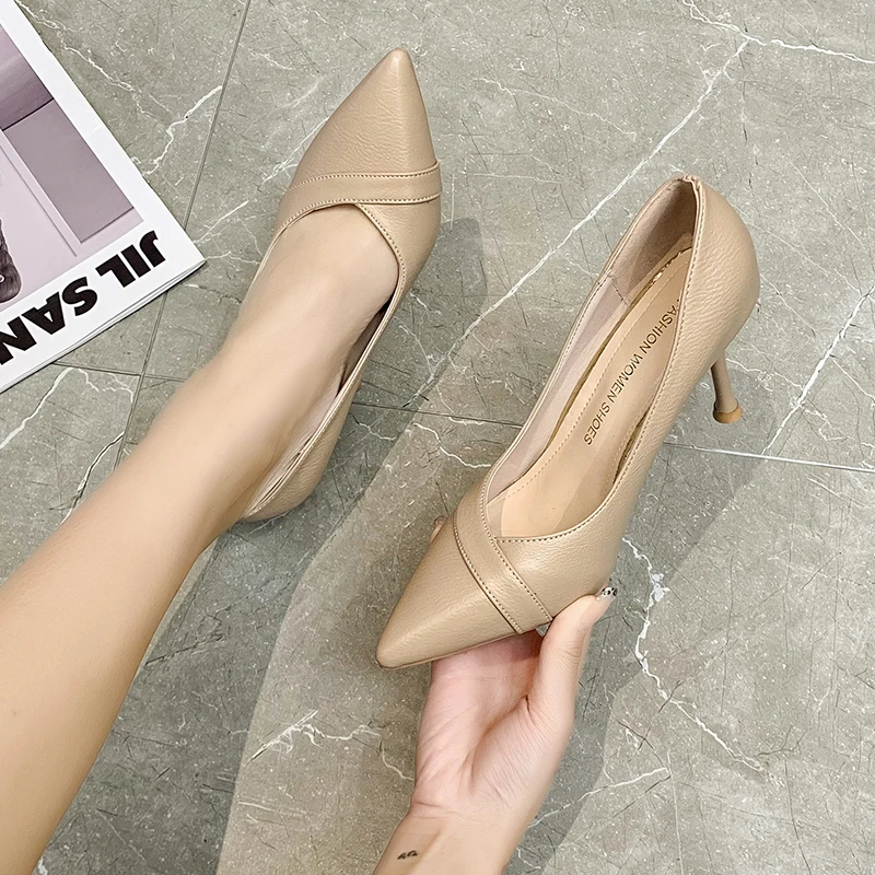 

Spring and Summer The New High Heel Women Dress Fashion Thin Heels Pointed Toe Slip-On Shallow Occupation Breathable Sexy Party