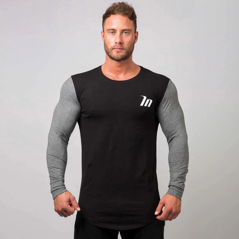 

Gym Fitness bottoming shirt Men New bodybuilding Sports Long Sleeve T-Shirt Men's Cotton Stretch Slim Fit Pullover sportswear