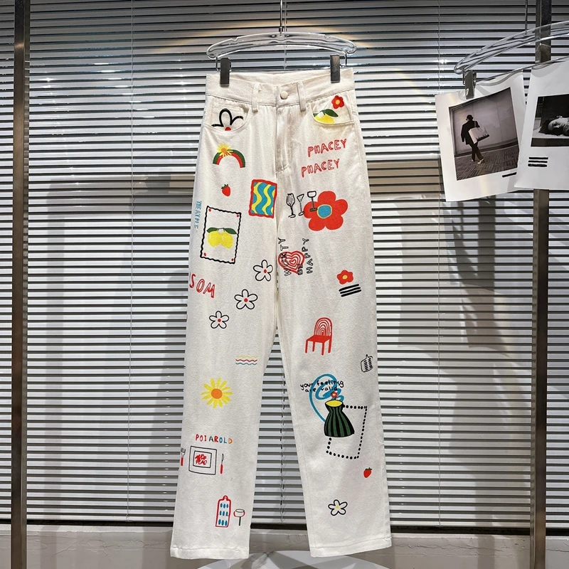 

Net Red 2023 New Summer Women Long Trousers Personality Cartoon Printed All-match Straight Pants High Waist Casual White Pants