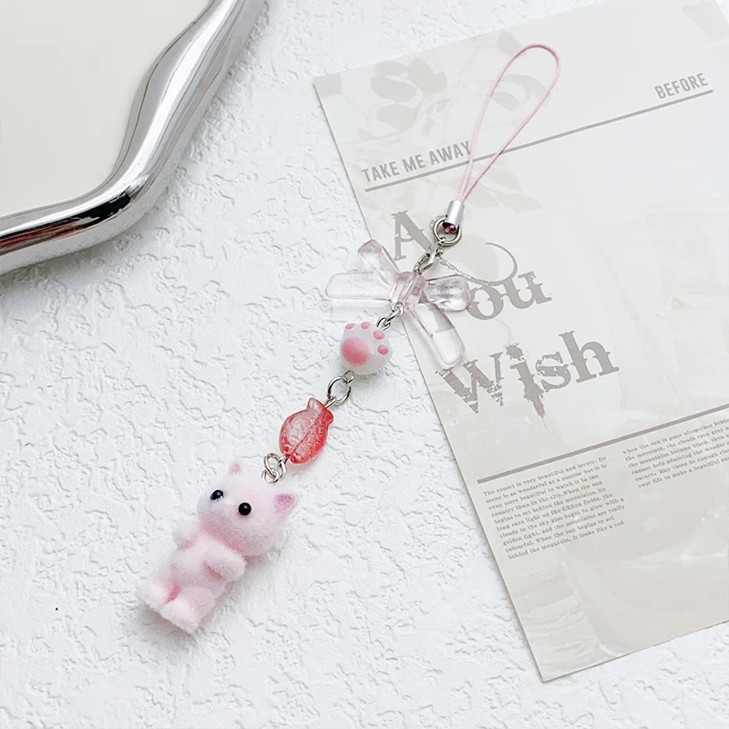 Милый флокирующий котенок бант кошачья лапа бисерный брелок Женская цепочка не