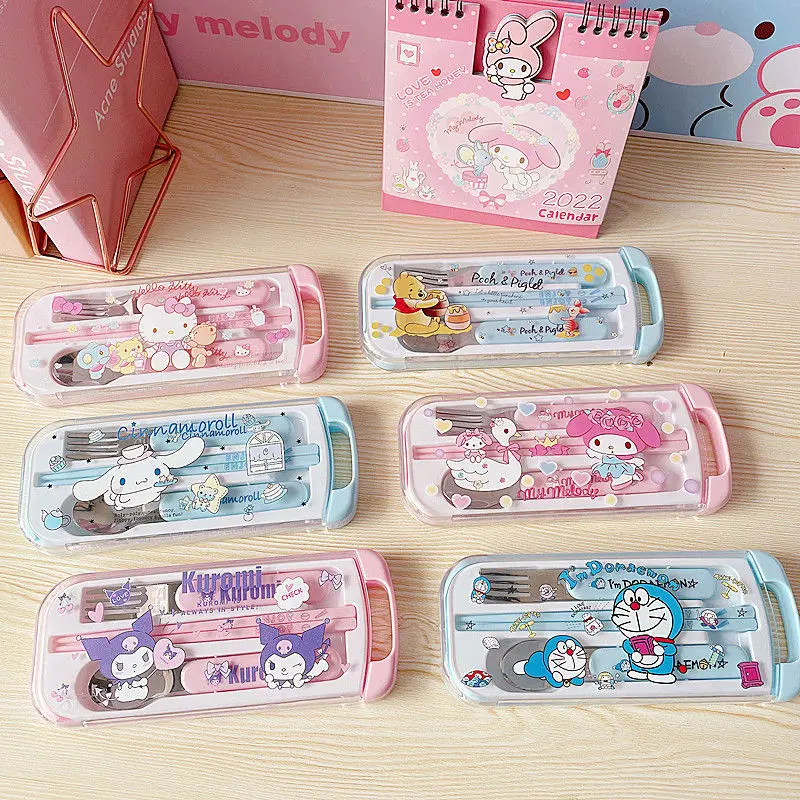 

3Pcs Sanrio Tableware Hellokitty Kuromi Melody Cartoon Cute 304 Metal Chopsticks Spoon Fork Set Portable Kids Tableware Toy Gift