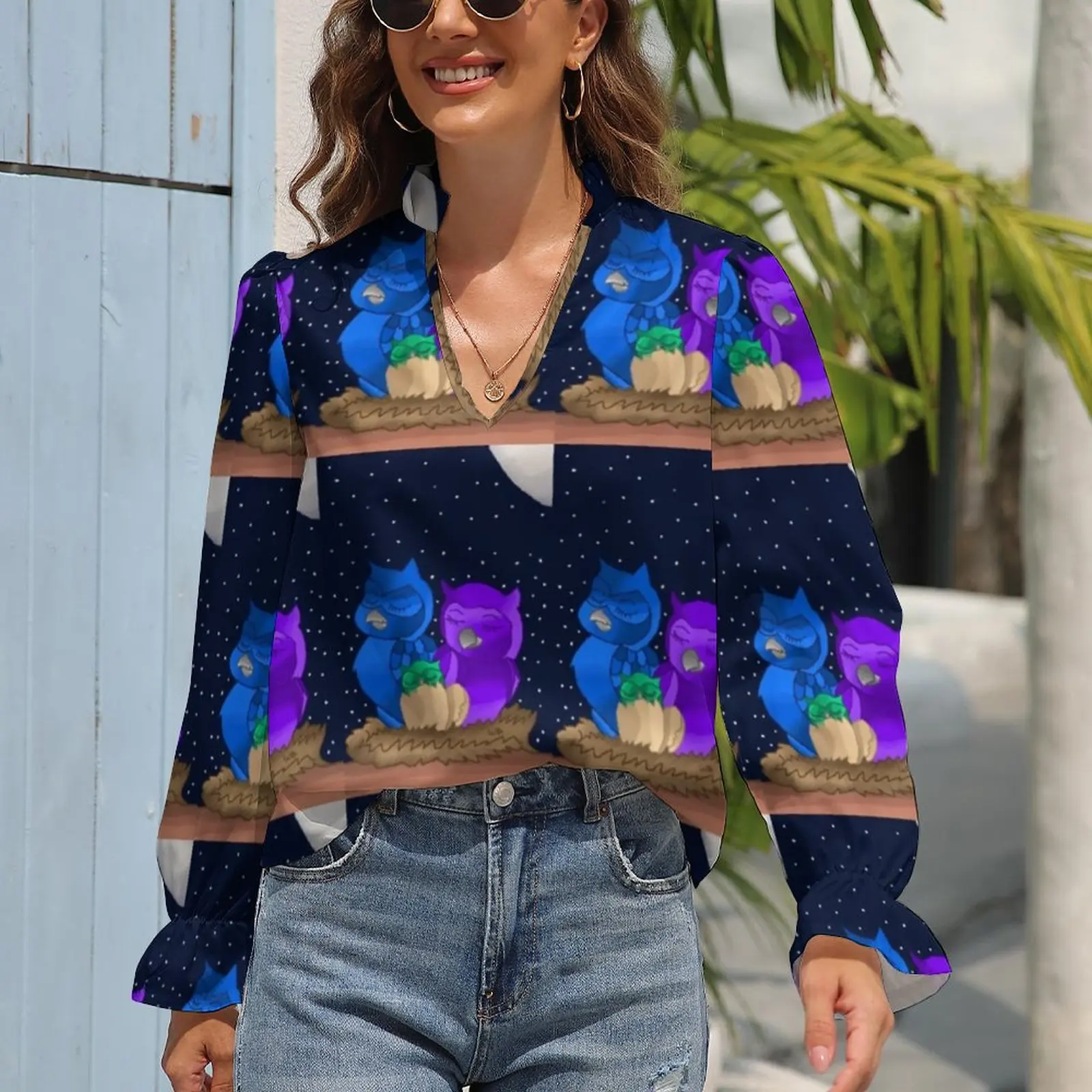 

Owl Family Blouse Funny Animal Print Streetwear Chiffon Blouses Summer V Neck Long Sleeve Aesthetic Shirt Female Graphic Clothes