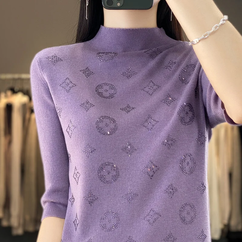 

2023 Women's Half-Height Fashion Letter Inlaid With Diamond Fashion New Wool Knitting Summer Exquisite Versatile Thin T-Shirt