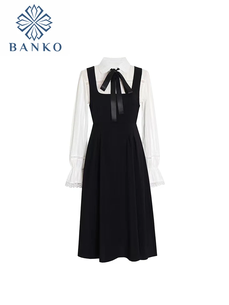 

Women Contrast Color Turn-down Collar Autumn Winter Midi Frocks Ruffle Long Sleeve Bow Tie Up Decoration Dress French Elegance