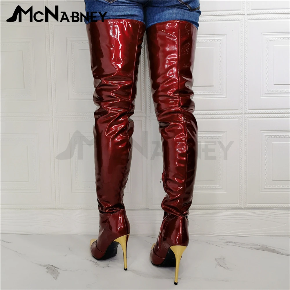 Burgundy Boots Pointed Toe Stiletto Knee Boots Gold and Red Mixed Colour Knee Boots Metallic Heels Large Size Winter Shoes Sale