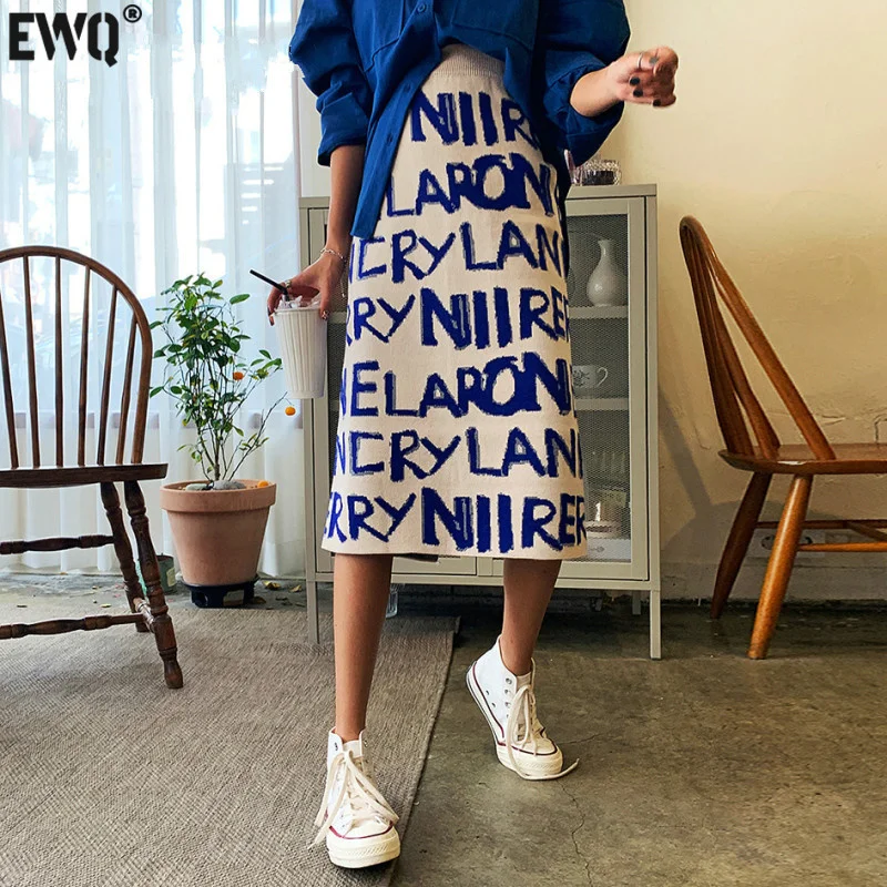 Фото Женская трикотажная юбка с надписью [EWQ] универсальная модная повседневная