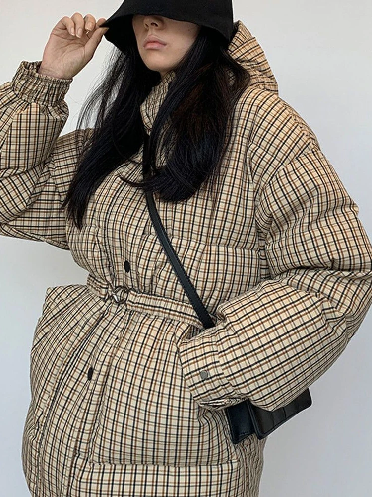 Winter Fashion Plaid Hooded Puffer Jackets Women 2022 Casual Thick Warm Loose Parkas Ladies Cotton Slim Midi Coats Streetwear