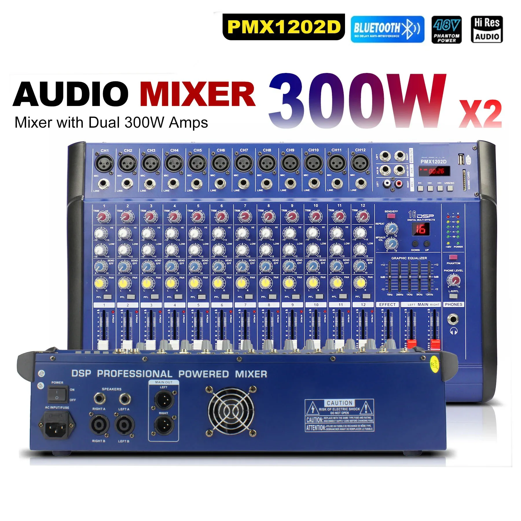 Микшерный пульт 4681012 каналов, 2x300 Вт, Bluetooth, 16 DSP-эффектов, фантомное питание 48В, 2-полосный эквалайзер, для прямых трансляций, караоке, церкви (art.: 3920dbcb4e449) - 3920dbcb4e449