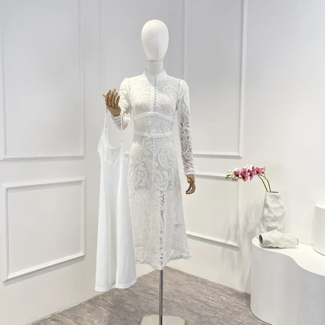 

Top Quality Vintage White Solid Elegant Hook Flower Hollow Lace Unique Button Women Midi Dress New 2023 Spring Summer