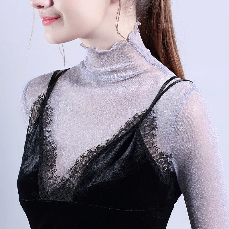 

Ladies Chiffon Solid Color Top High Neck Slim Long Sleeve Thin T-shirt gray