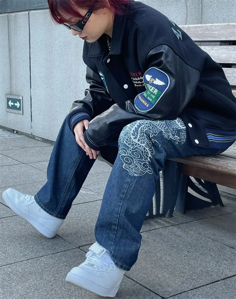 Jeans men's and women's retro blue embroidered dragon pattern jeans high-waisted loose and thin drapey mopping pants