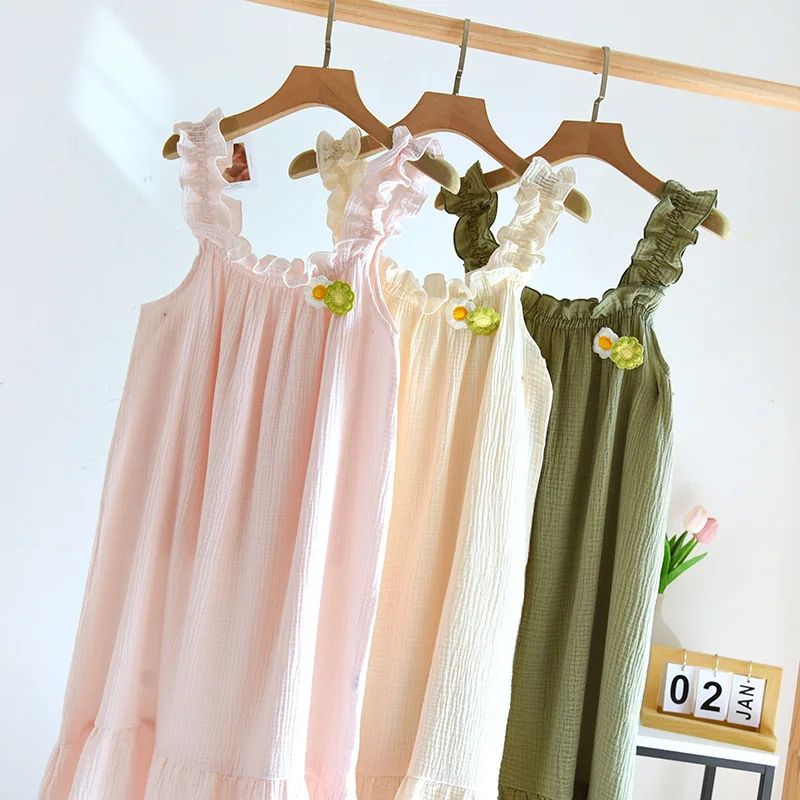 Summer Sexy Sling Nightgowns Women Suspender Nightdress Cotton Crepe Pajamas Soft Washed Crepe Over-the-knee Sleeping Camisole