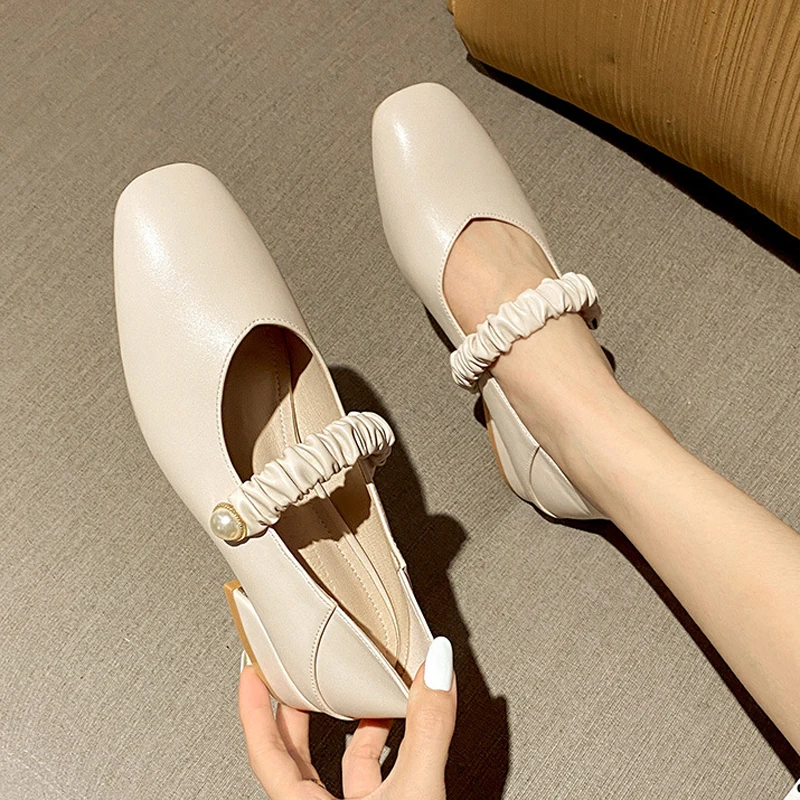 

3CM Stretch Leather Belt Pumps Woman Low Heels Mary Jeans Retro Loafers Femme 2022 Square Toe Office Dress Shoes Tacones Mujer