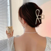 japan and south korea net red bow shark clip hairpin female metal back of head clip temperament pearl flash diamond clip