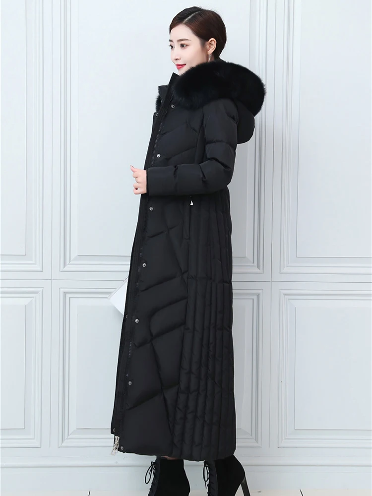 New Women Lengthened Down Coat Winter Fashion Detachable Real Fox Fur Collar Thicken Warm Long Slim Down Jacket Female Overcoat