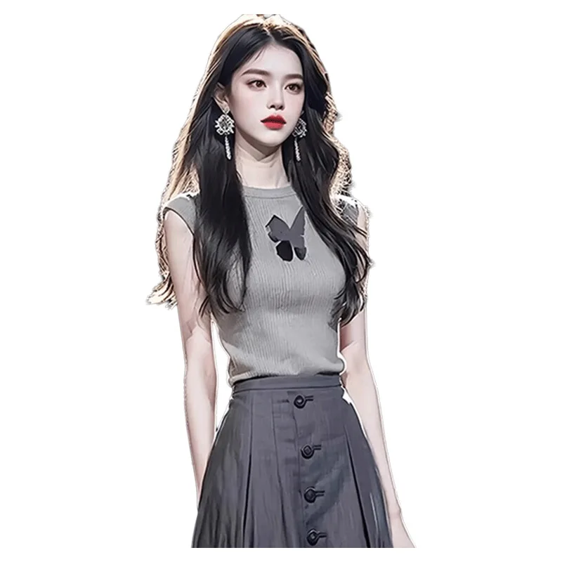 Корейская серия вязаная футболка без рукавов с круглым вырезом из вискозы