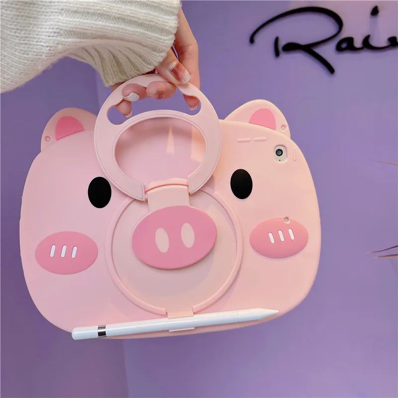 

3D Pig Soft Case for iPad 9th 8th 7th 10th Generation Kids Silicon Cartoon Mini 1 2 3 4 5 6 360 Rotation Handle Stand