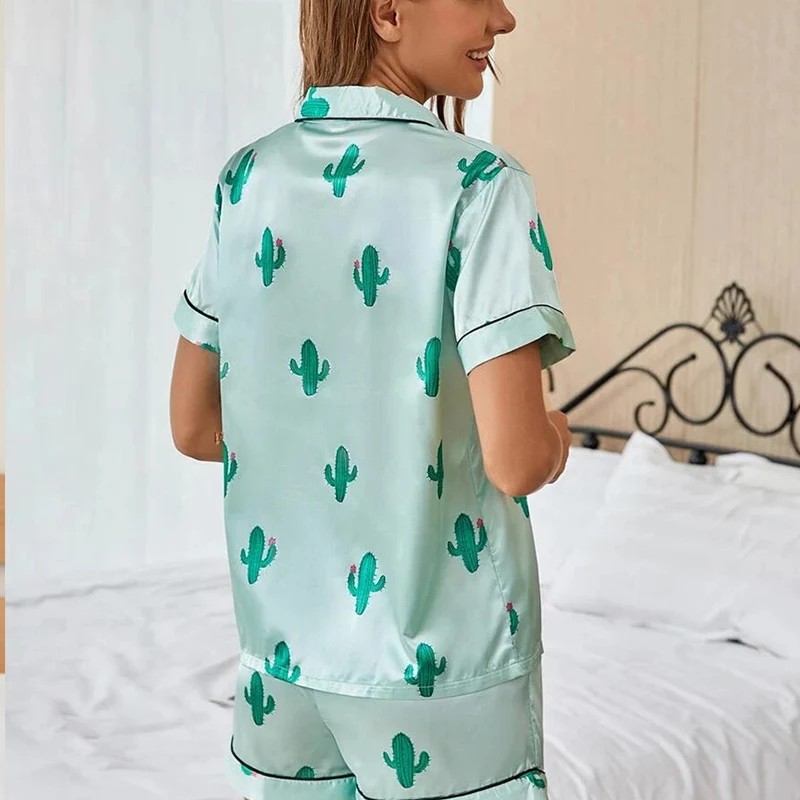 Sweet Cactus Print Women's Pyjamas Short-sleeve Ice Silk Cardigan Summer Refreshing Two-piece Suit Women Ice Silk Home Service